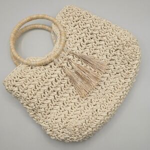Cappelli Straworld Woven Paper Straw Tote Bag Ivory White Tassel O-Ring Handle